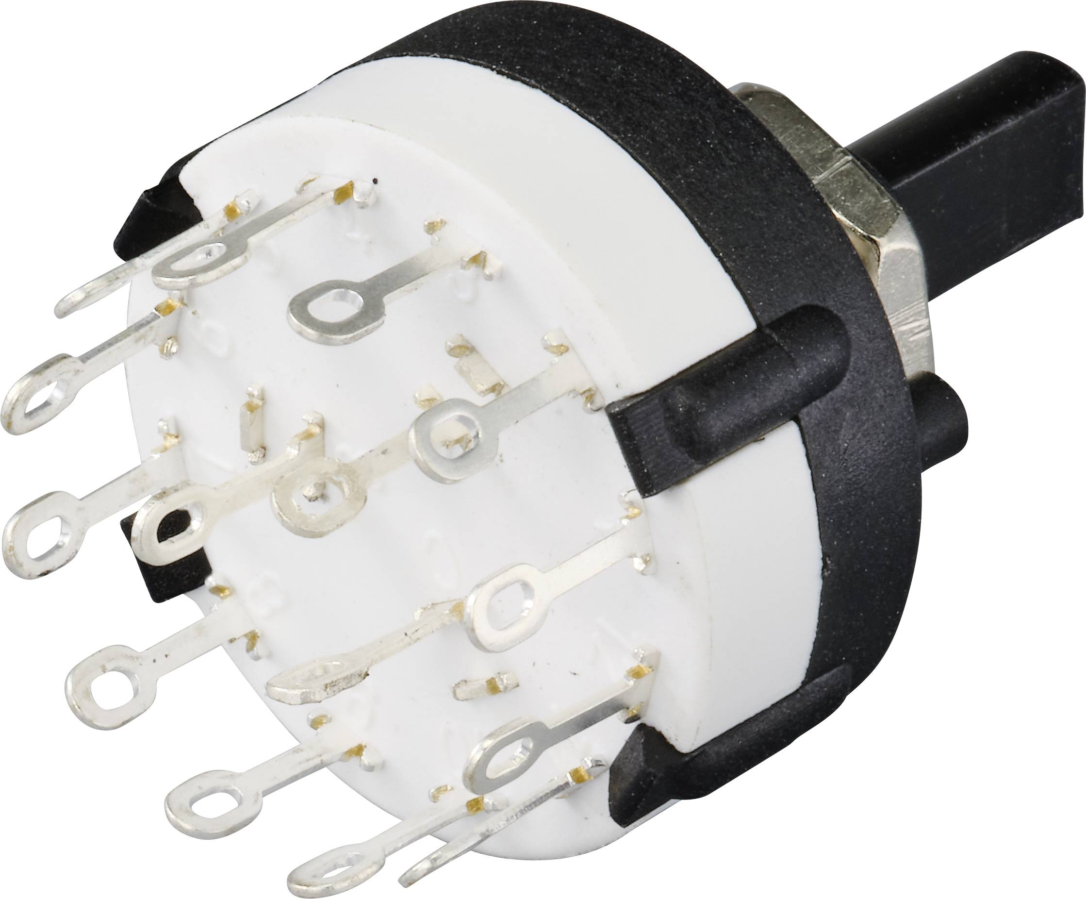 A white, round rotary switch with multiple metal terminals and a black handle.
