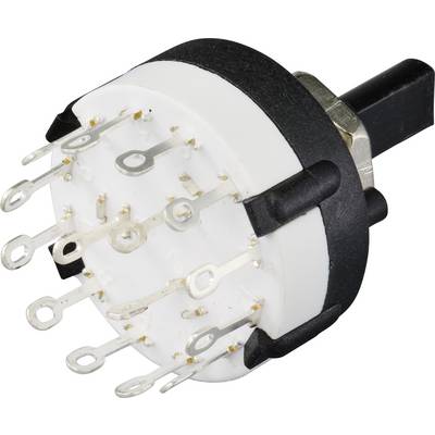 A white, round rotary switch with multiple metal terminals and a black handle.