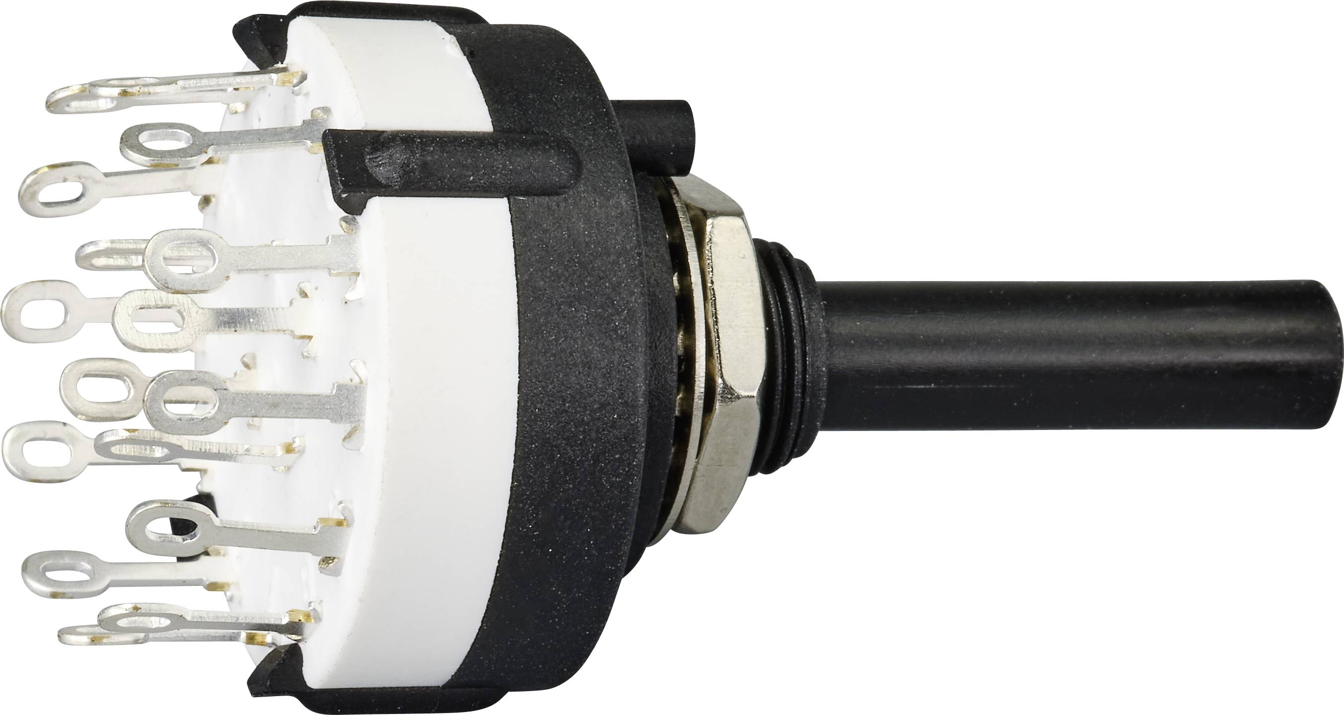 A black, cylindrical rotary switch with multiple metal terminals and threading for mounting, isolated on a white background.