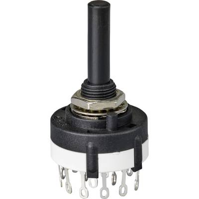 Rotary switch with ten contact pins, black shaft and metal nut. Used in electronic applications for channel or mode selection.