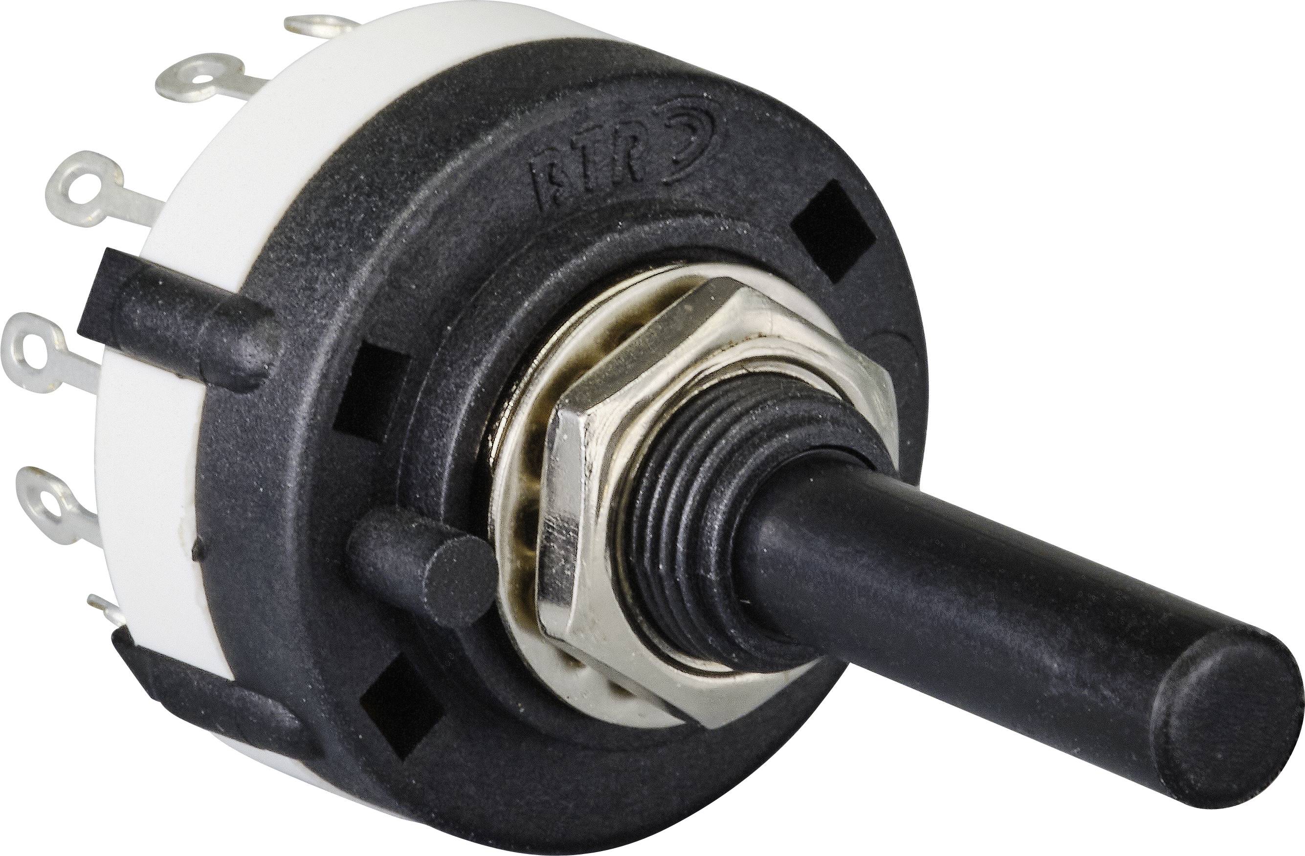 A black rotary switch with multiple connections on the rear, suitable for electronic devices to control functions.
