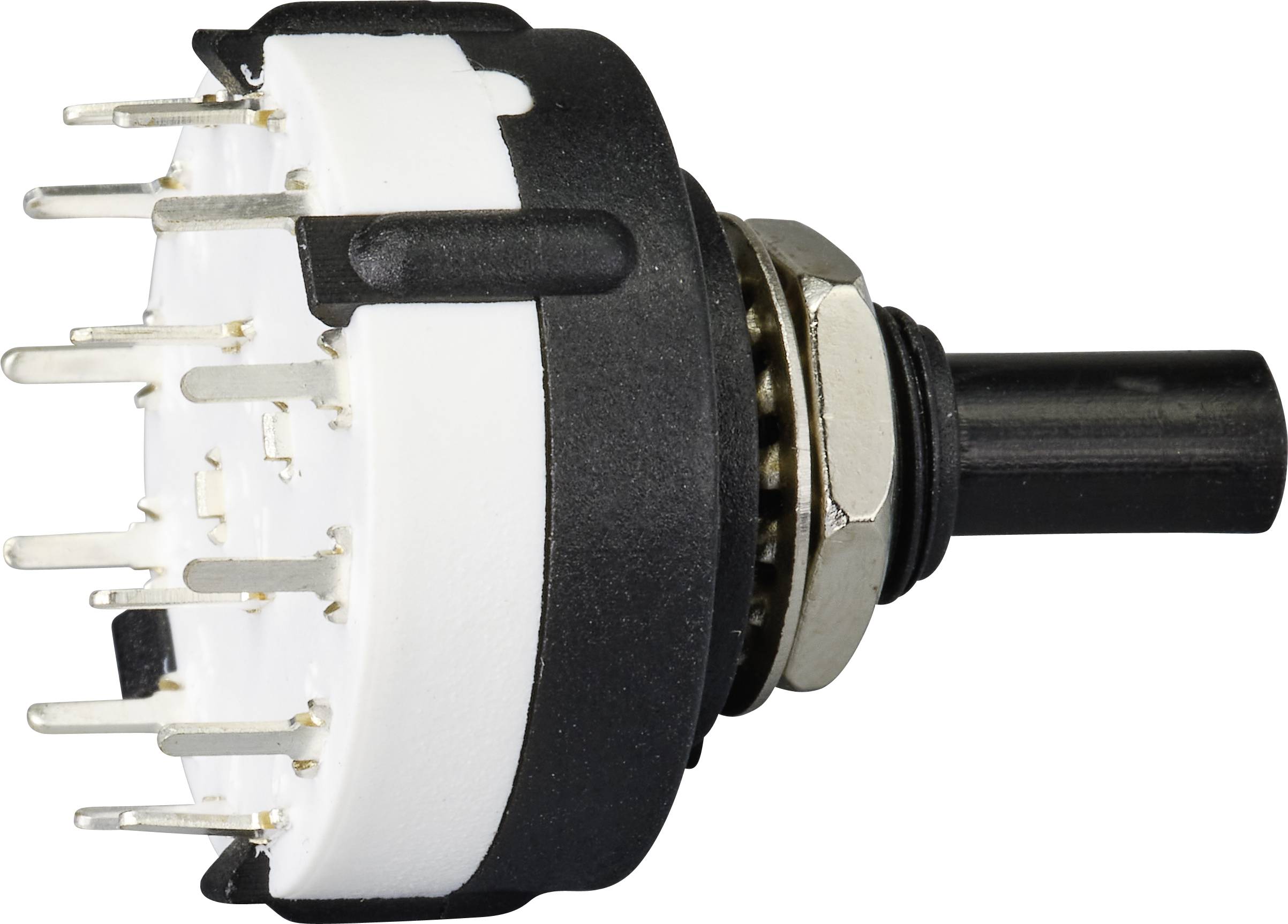 'Rotary switch with multiple metal pins, black plastic casing, side view on white disc.'
