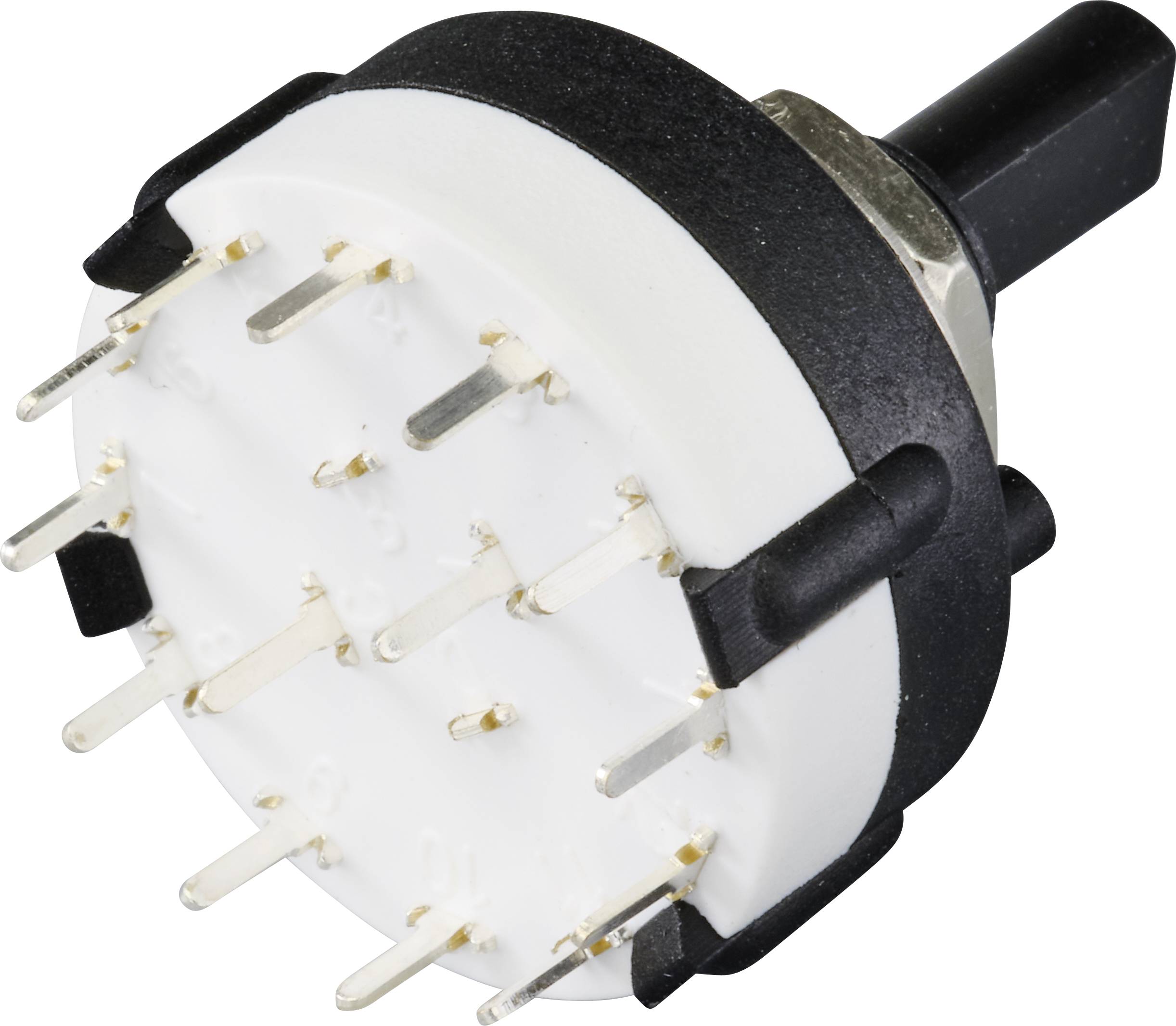 A multi-pole rotary switch with a black lever and multiple metal terminals, which can be integrated into electronic circuits.