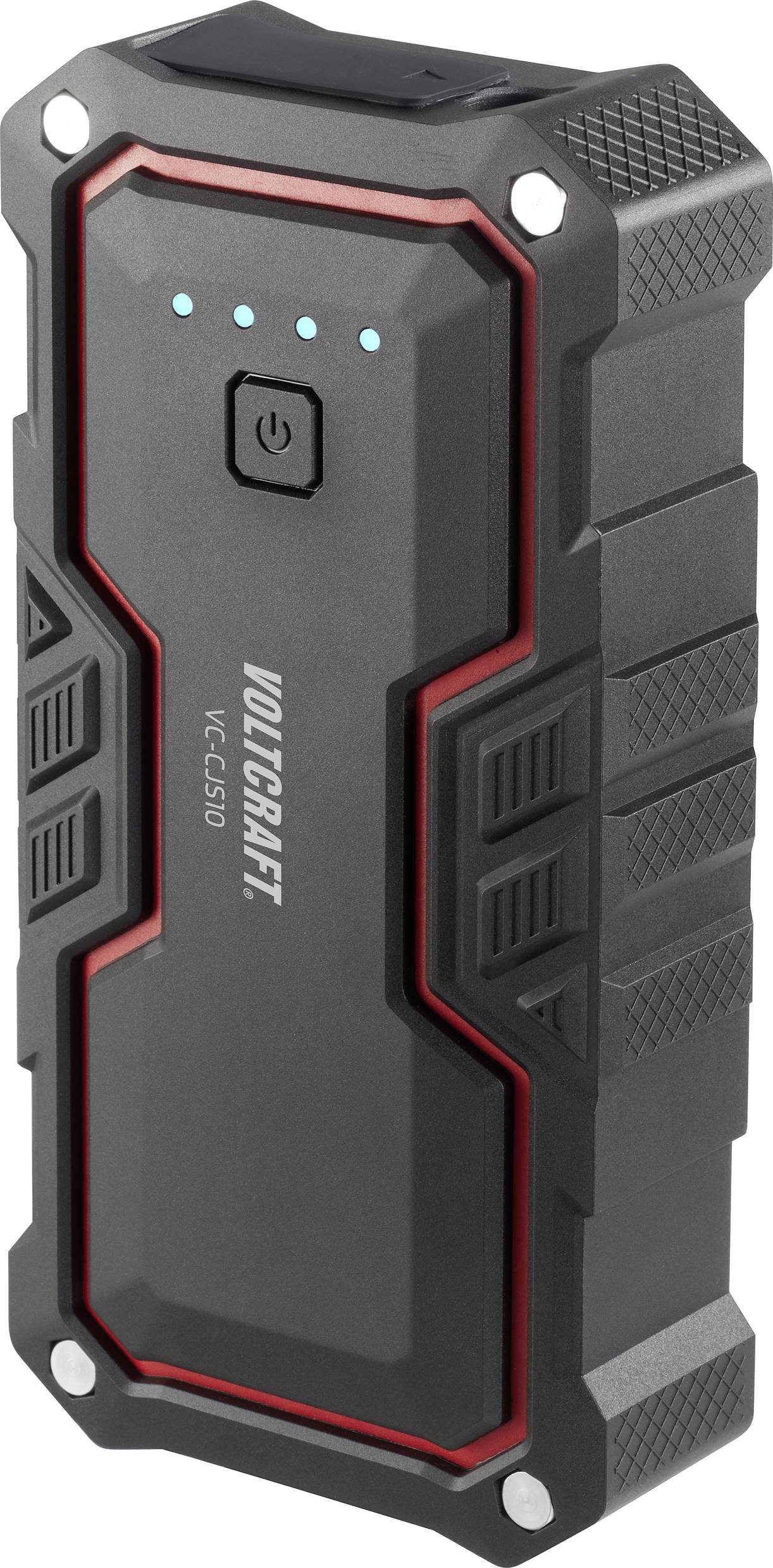 Robust black charger with red accents, four blue LED indicators and a power button on the top surface.