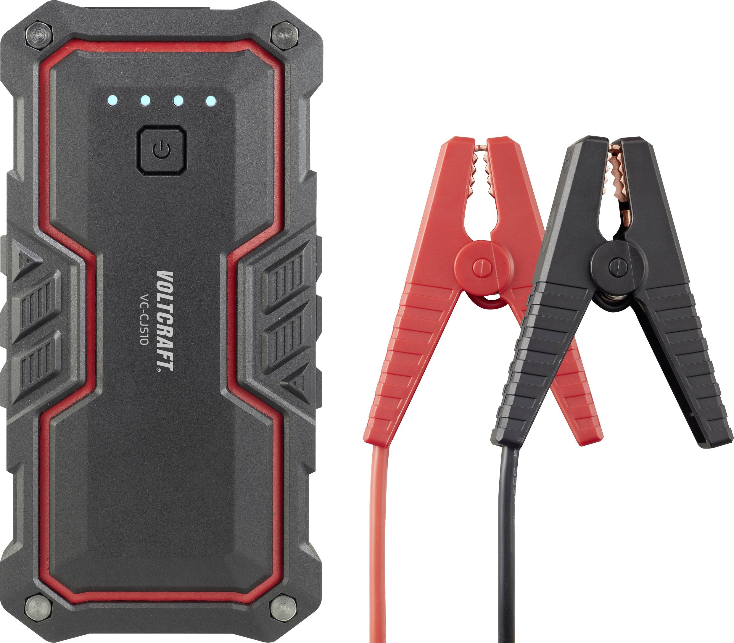 A portable jump starter with two coloured clips, Red and Black, for the vehicle battery. Ideal for emergencies.