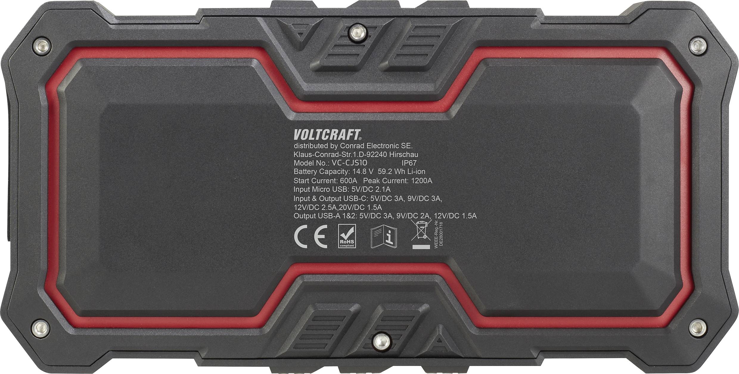 Black and red portable battery charger with specifications on the back, including voltage and current ratings.