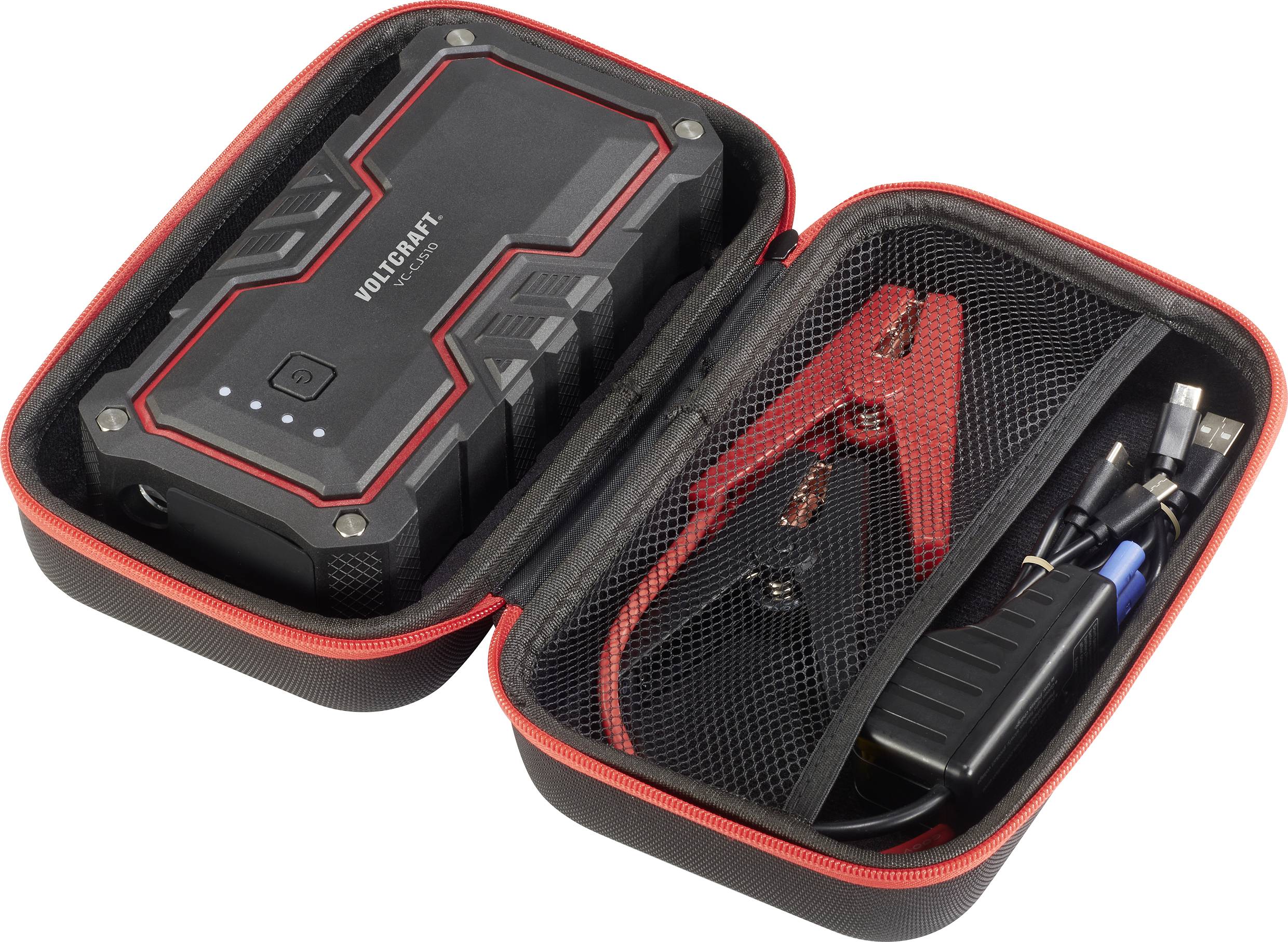 Portable battery charger and jump-start kit in a nylon case, including charging cable and crocodile clips.