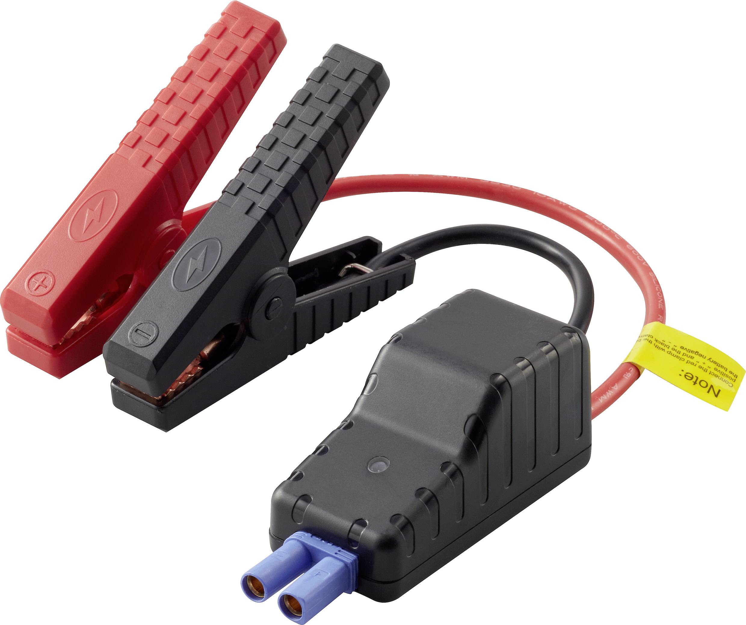 Black and red battery jump leads connected by a cable. They are ready for use.