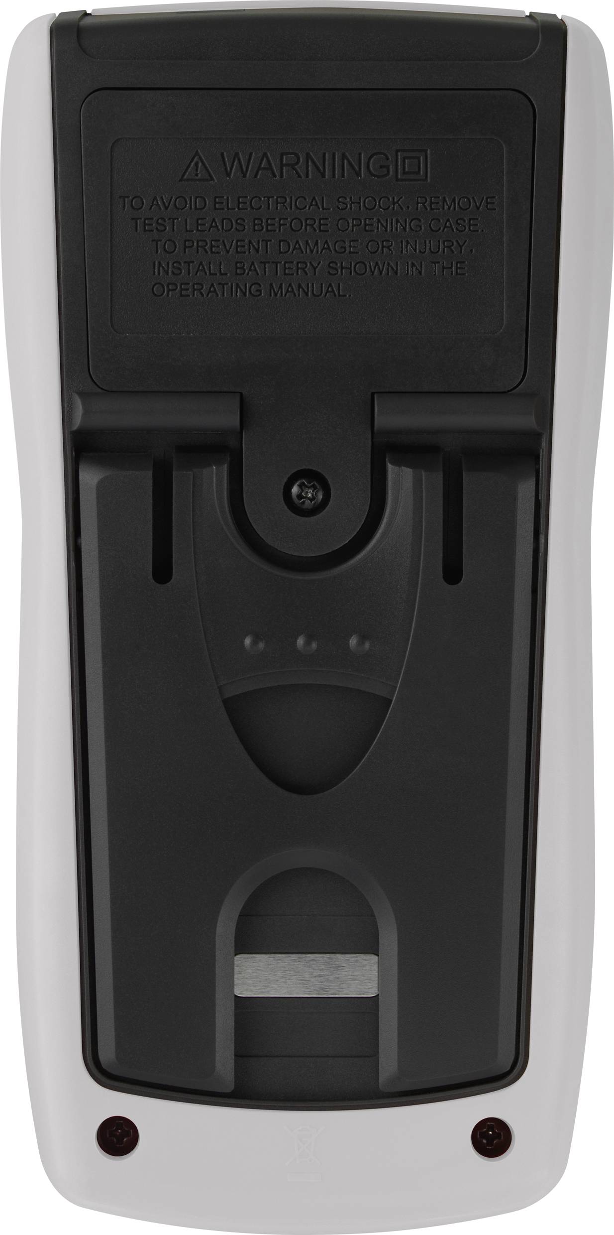 The back of a remote control with a battery compartment and a safety warning.