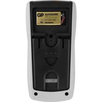 A remote control with its back panel open, revealing an inserted alkaline battery.