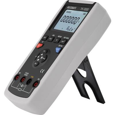 A digital multimeter in a plastic casing with a display and multiple buttons for measuring electrical quantities.