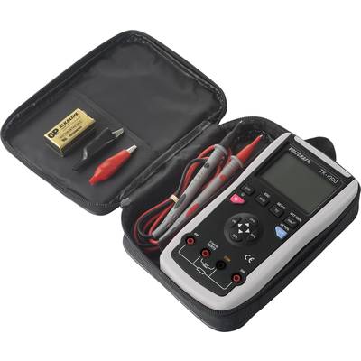 Measuring device in an open bag with batteries, cables, and accessories.