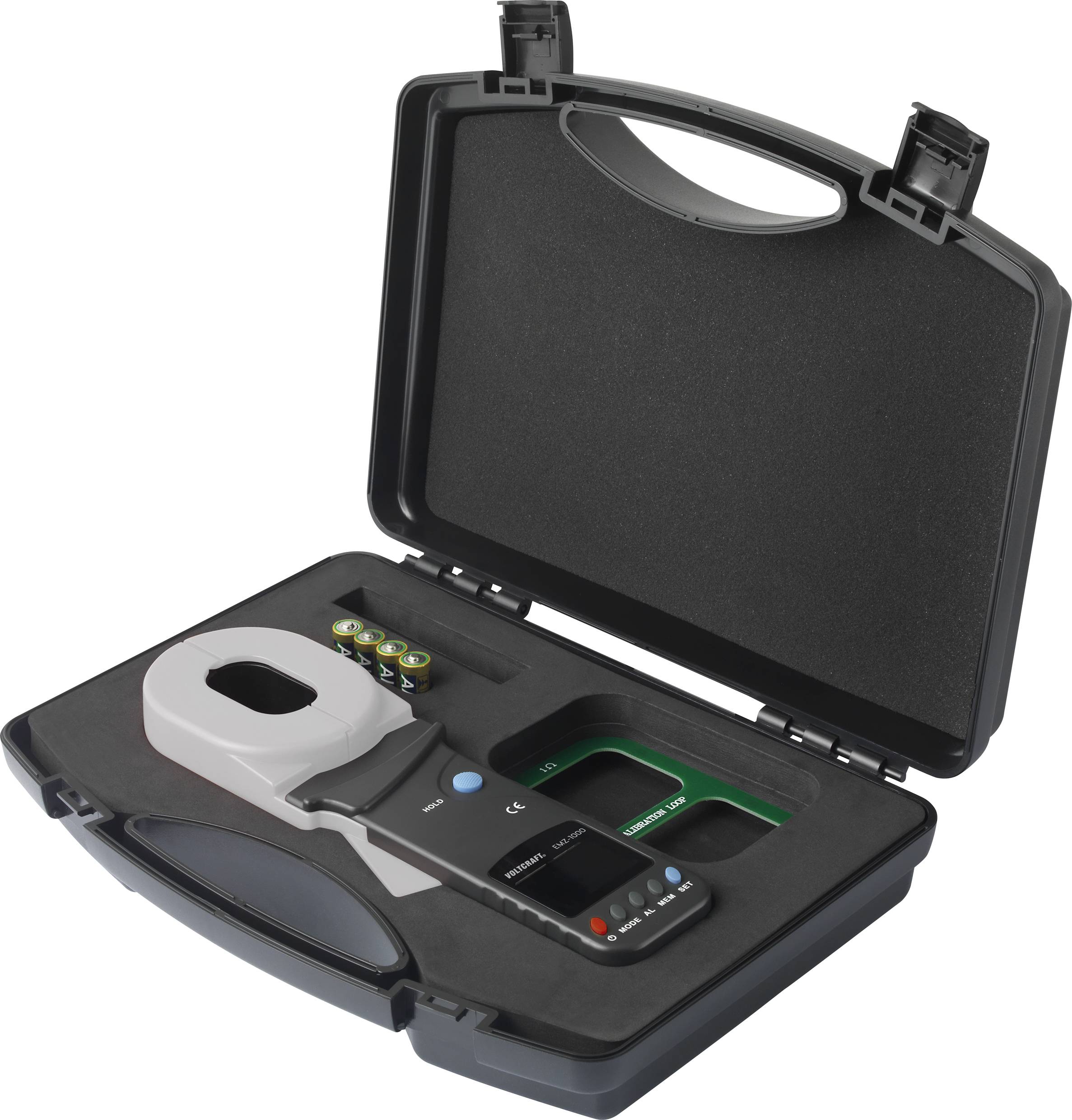 An open black plastic case with a portable measuring device, batteries, and accessories, suitable for colour or light measurements.