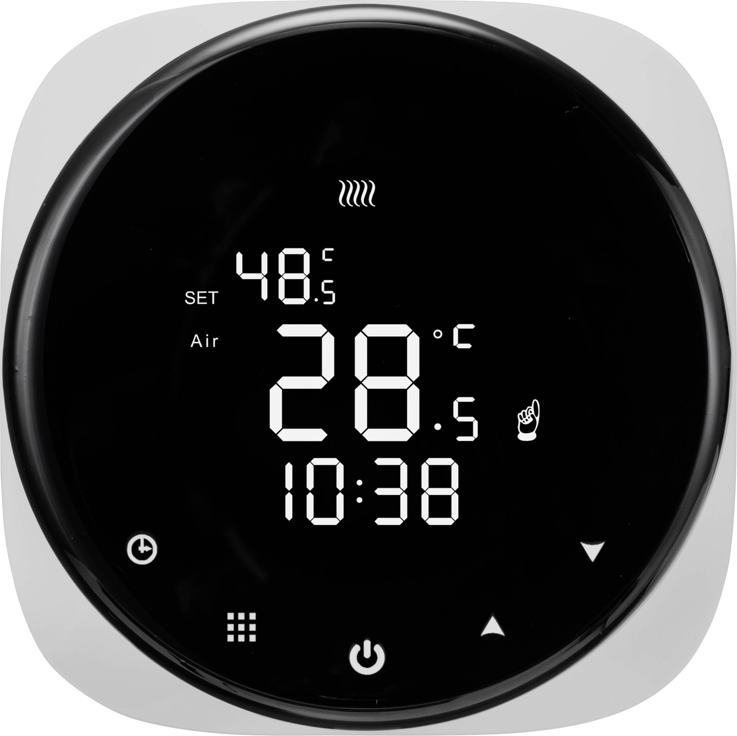 A digital thermostat shows 48.5°C as the set temperature and 28.5°C as the current room temperature, additionally displaying the time as 10:38.
