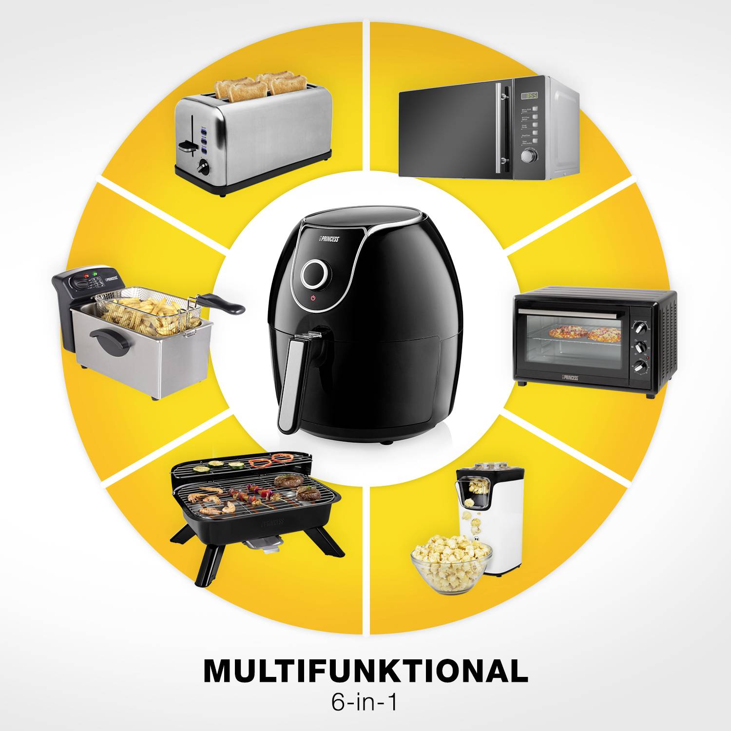 Multifunctional kitchen appliances arranged in a circle: Toaster, Microwave, Deep Fat Fryer, Mini Oven, Grill, Popcorn Maker with an Air Fryer in the centre. Text: 'Multifunctional 6-in-1'.