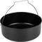 Black, round cooking pot with metal handle, suitable for camping and outdoor cooking.