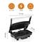 A contact grill measuring 28 x 19 cm, with 1500 watts of power, weighs 1.85 kg. When opened, it reveals a ridged grilling surface.