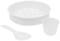 White steamer insert, measuring cup and spoon, typically used for rice cookers.
