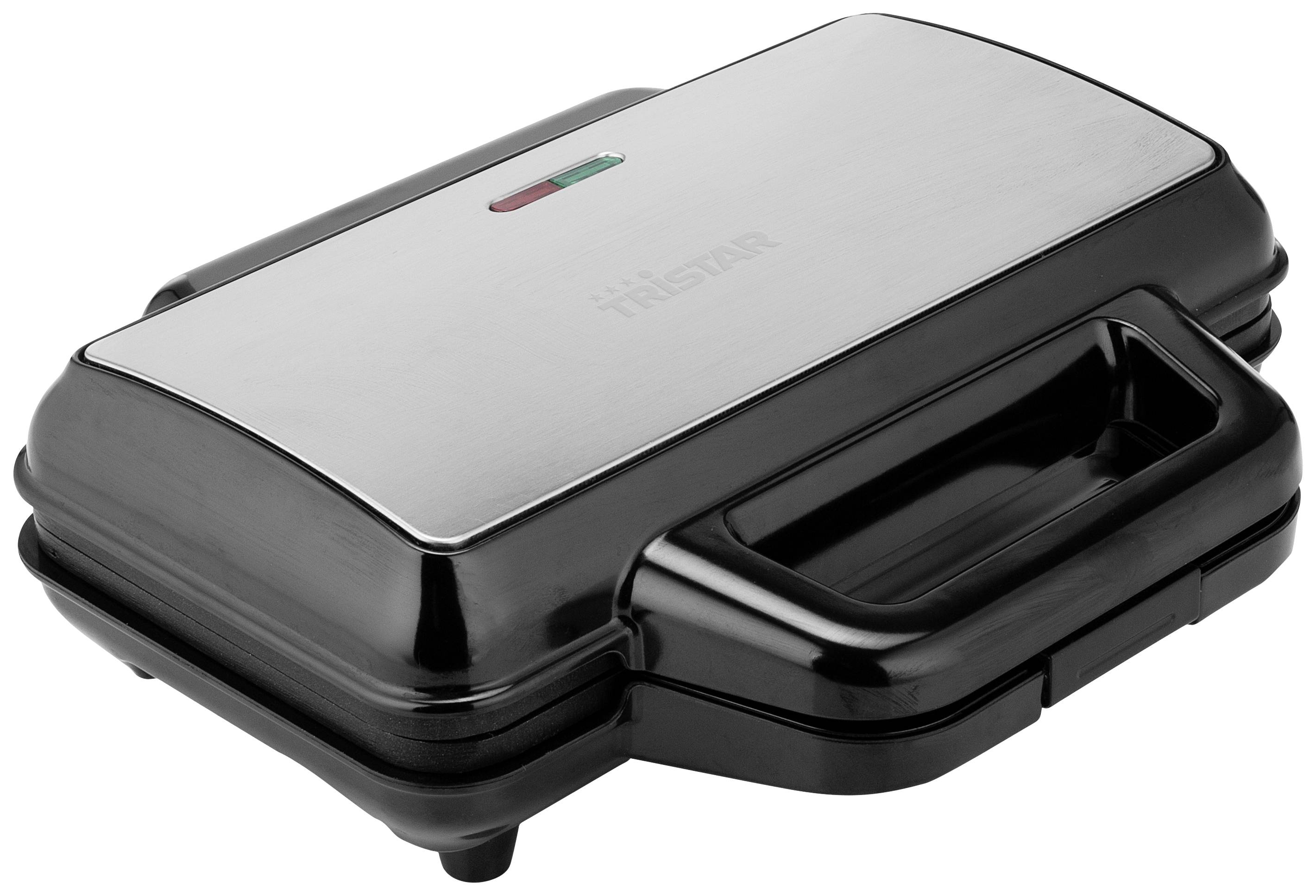 A closed sandwich maker device made of stainless steel and plastic with an indicator light on the top surface.