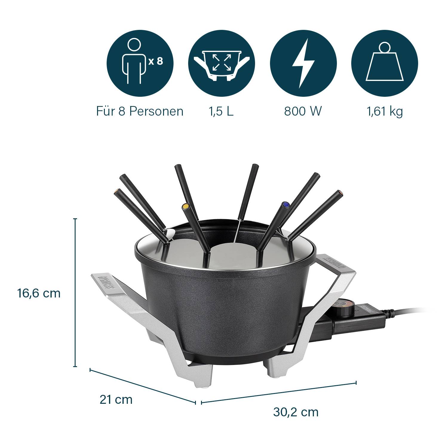 Multifunctional Fondue Set for 8 People, 1.5 Litre Capacity, 800 Watts Power, Total Weight 1.61 kg.
