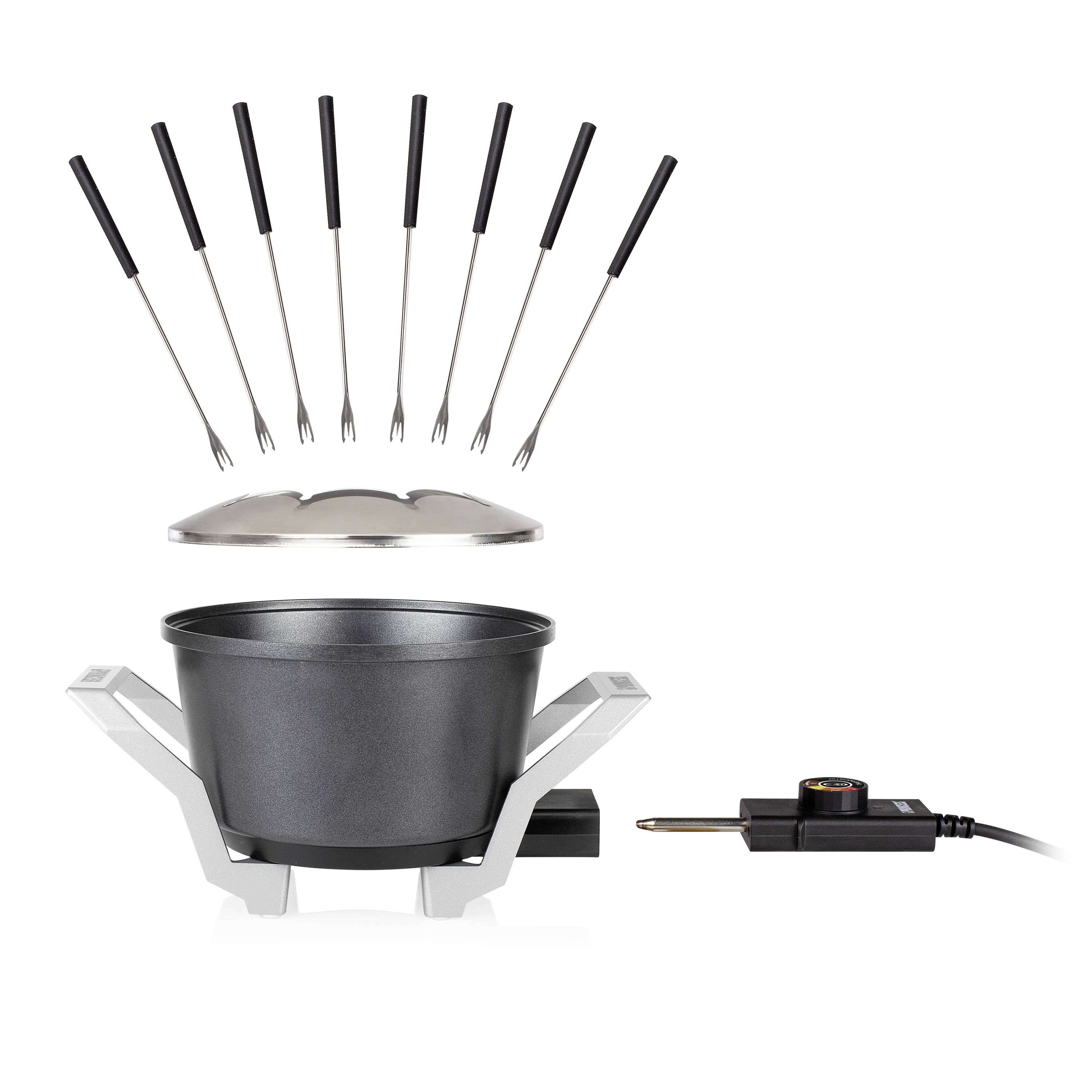 An electric fondue set with a pot, lid, temperature control, and eight fondue forks with black handles.