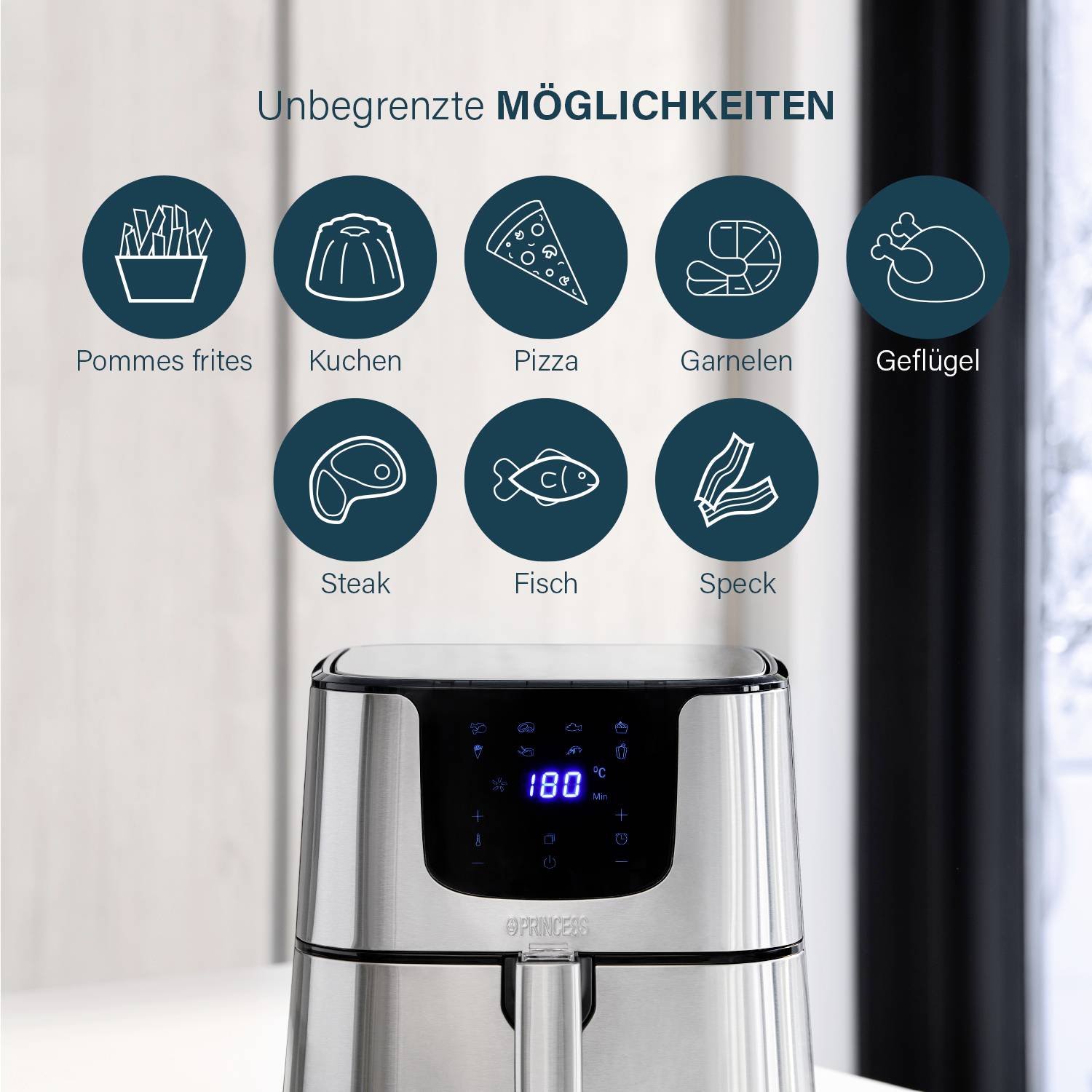 A digital display air fryer; icons at the top show various cooking options: chips, cake, pizza, prawns, poultry, steak, fish, bacon.