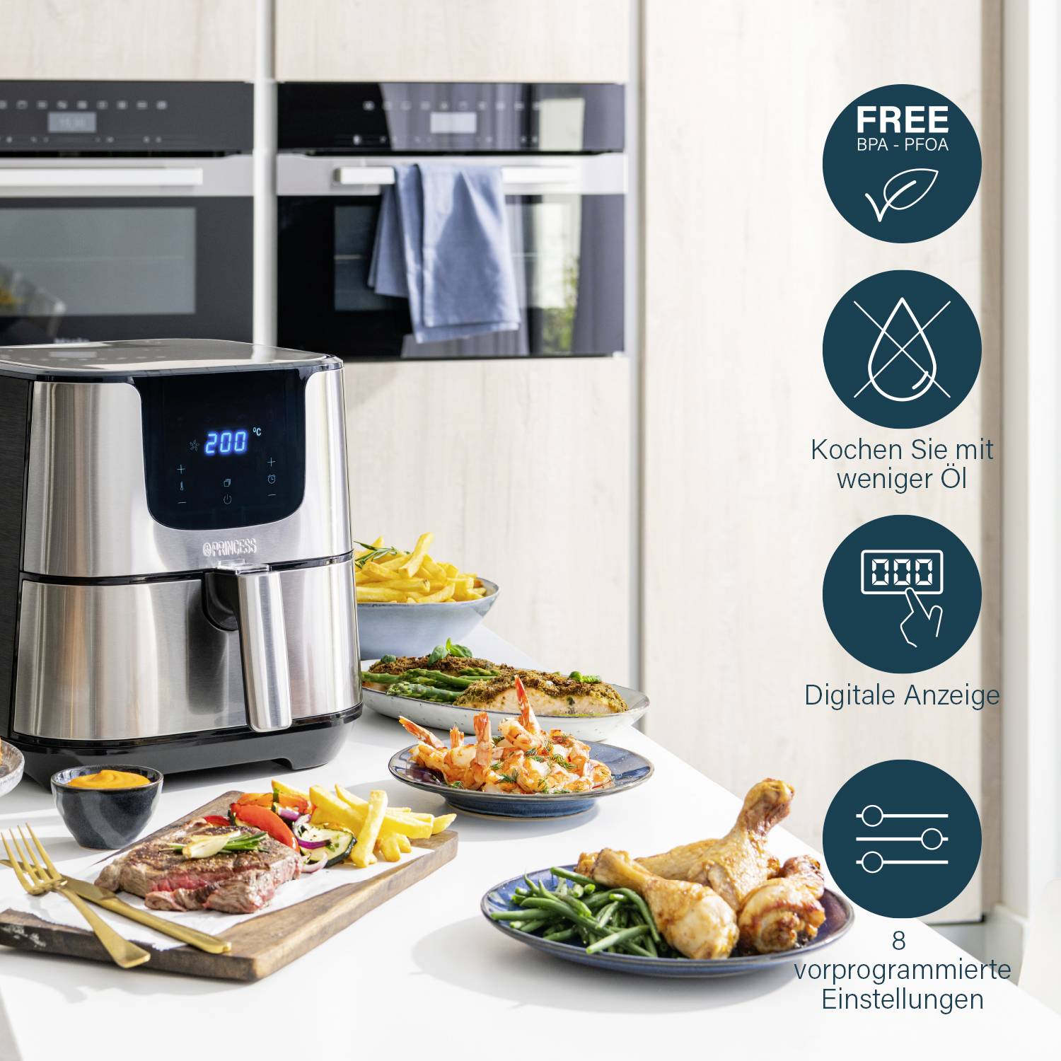 A digital air fryer on a kitchen worktop, surrounded by plates of prepared dishes. Functions and benefits are highlighted, such as "cooking with less oil".