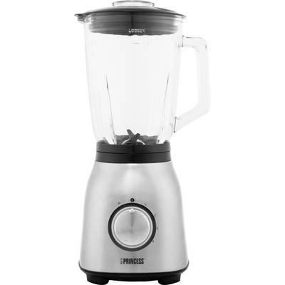 A silver stand mixer with a glass jug and speed control on the front.