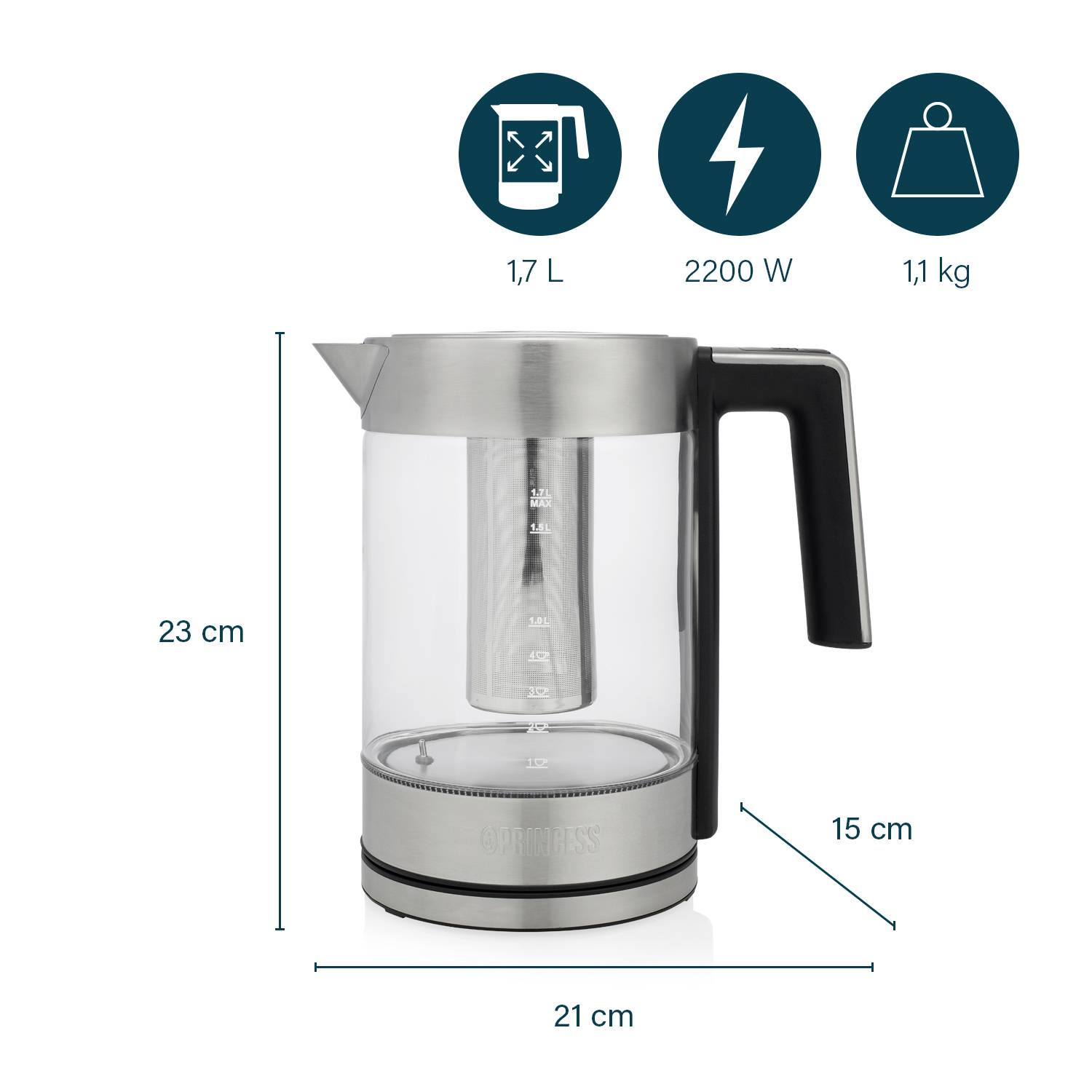 A glass electric kettle with tea strainer and stainless steel lid. Capacity: 1.7 litres. Power: 2200 W. Weight: 1.1 kg. Dimensions: 23 cm high, 21 cm wide, 15 cm deep.