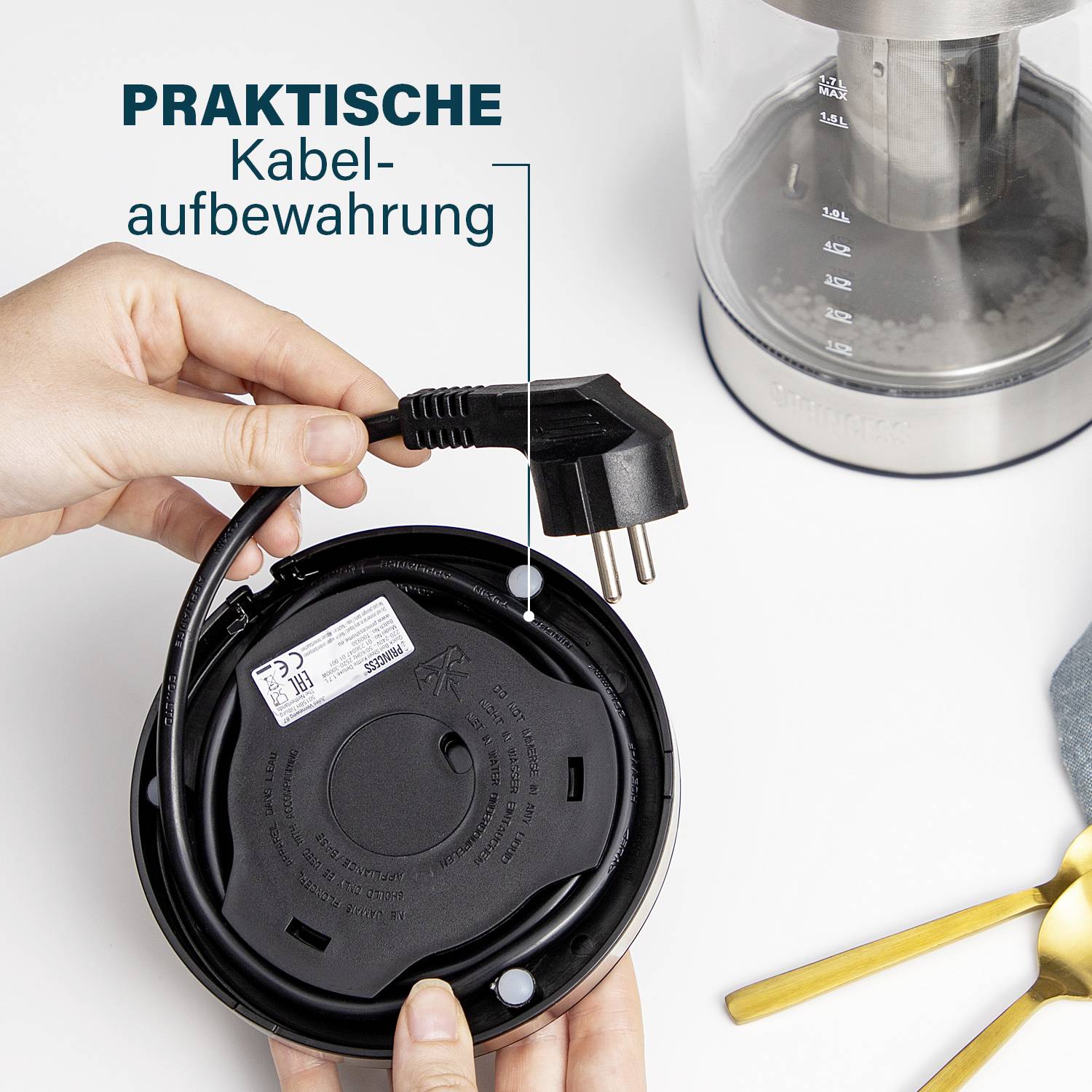 A hand is winding a cable on a kitchen appliance, next to text reading 'Practical Cable Storage'. A mixer is partially visible.