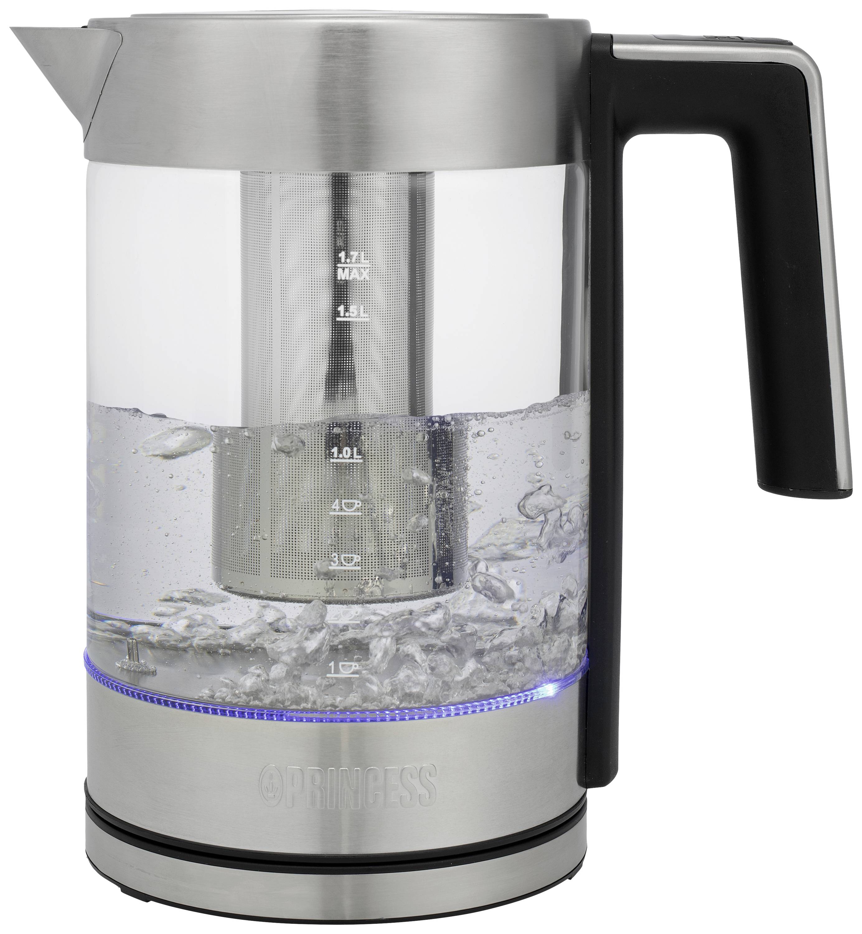 Stainless Steel Electric Kettle with Glass Window Displaying Water Level. Black Handle, Water Boiling with Bubbles.