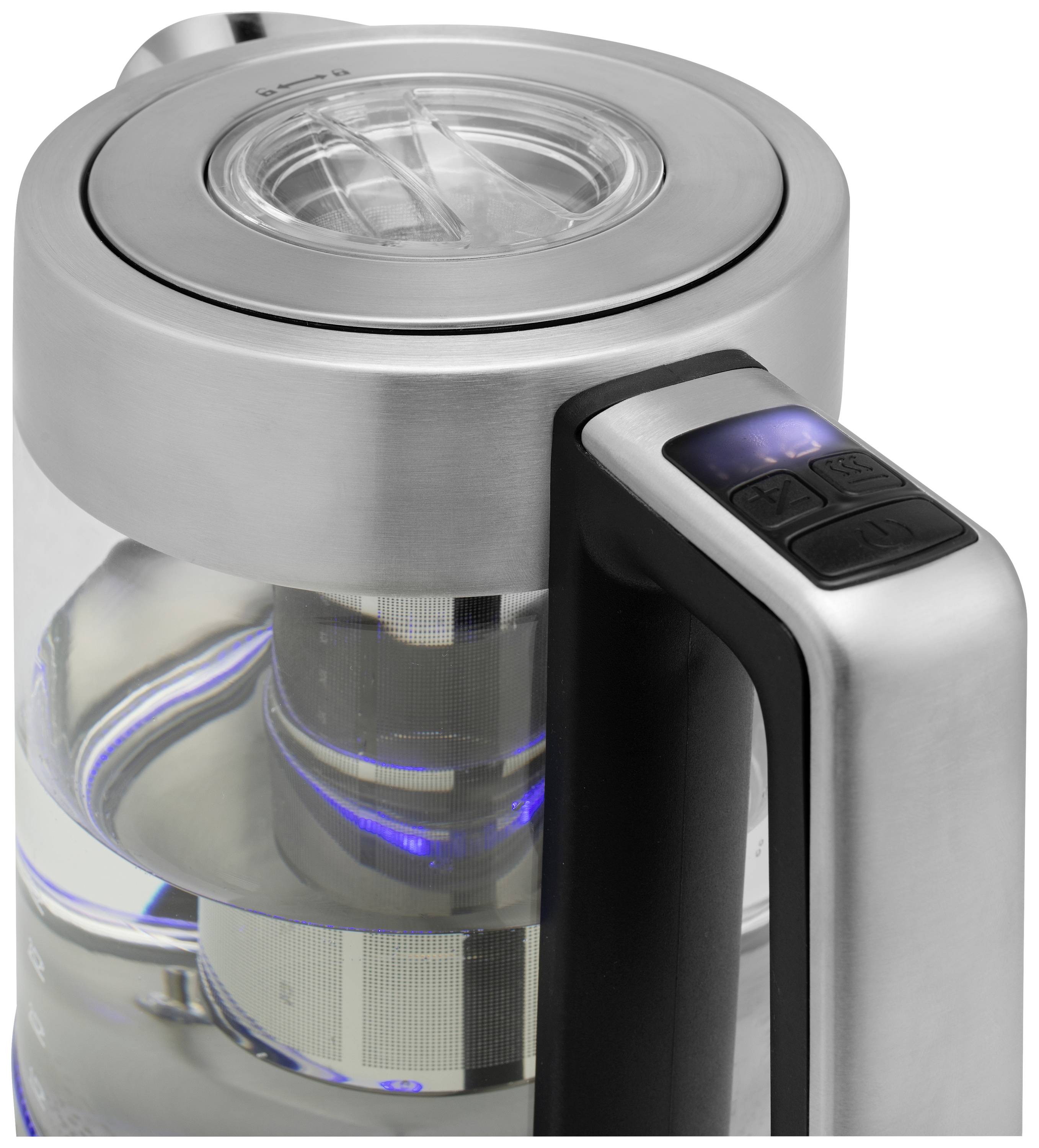 A modern electric kettle made of stainless steel with a transparent water reservoir and an illuminated spout lid. The handle features control buttons.