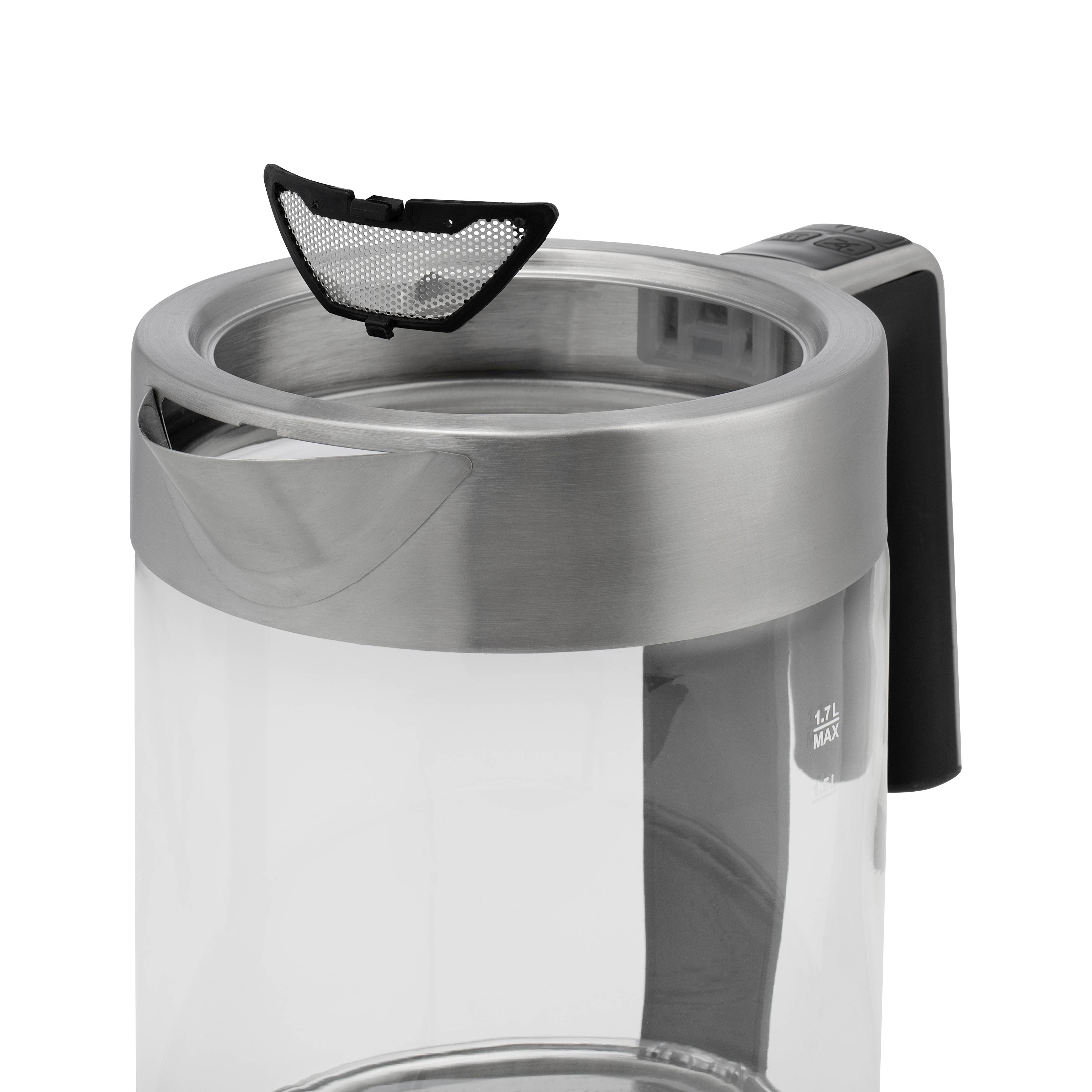 A kettle with a transparent lid, made of transparent material with a metal ring at the top. Maximum capacity: 1.7 litres.