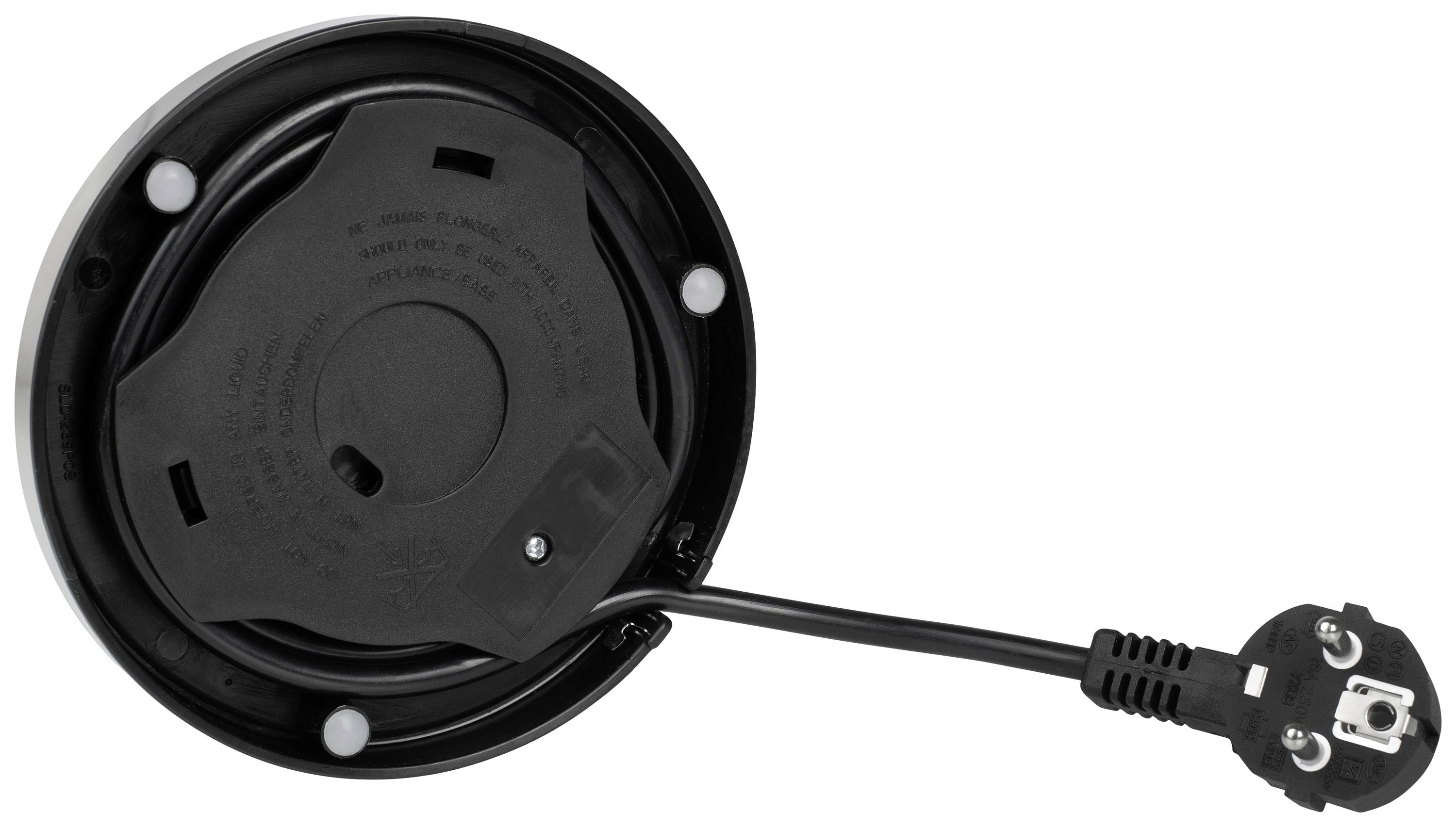 The image shows the underside of a round electric base station with a power cable and plug. The base has three rubber feet for stability.