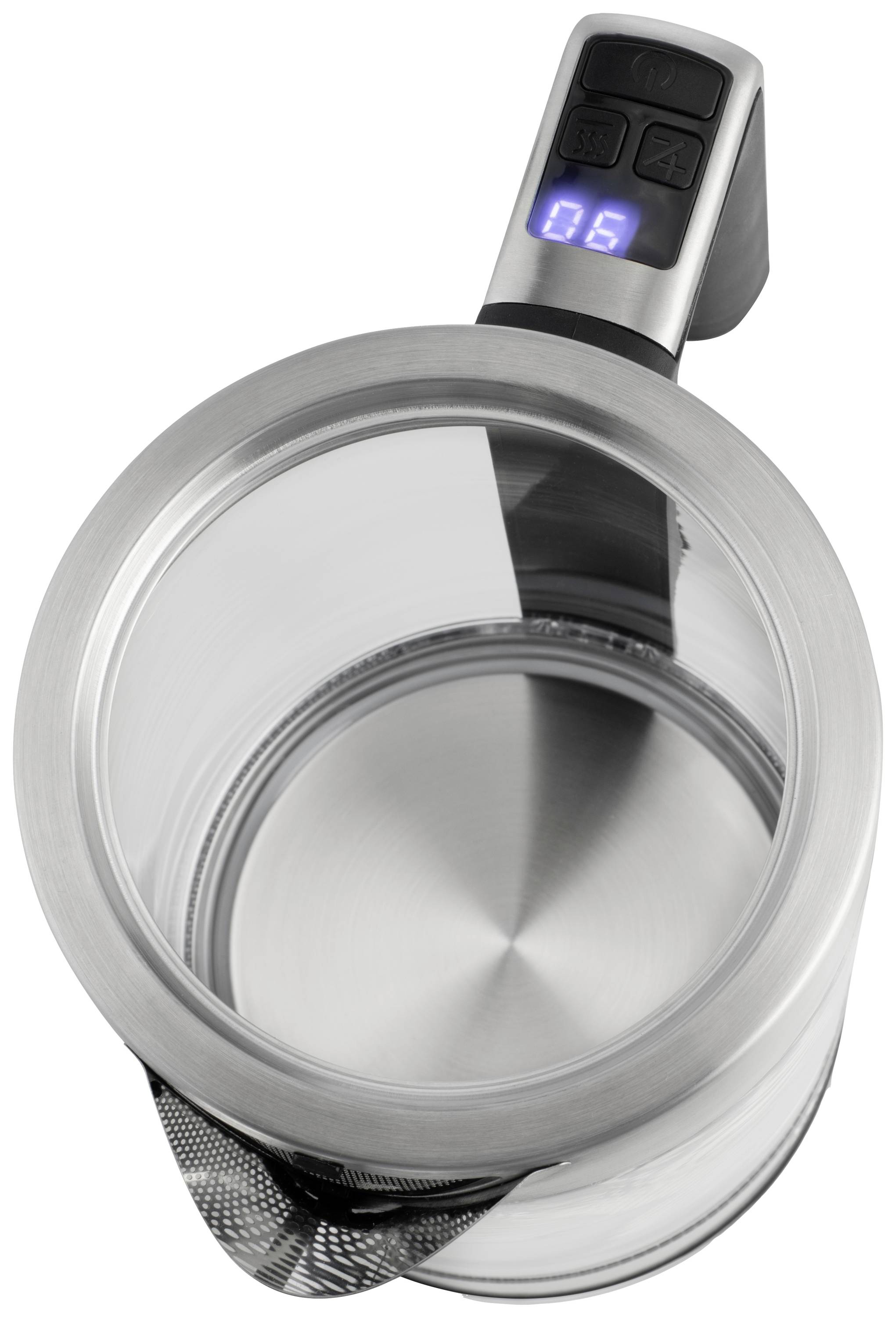 Stainless steel electric kettle with glass carafe and digital display above the handle. Kettle shows '06'.