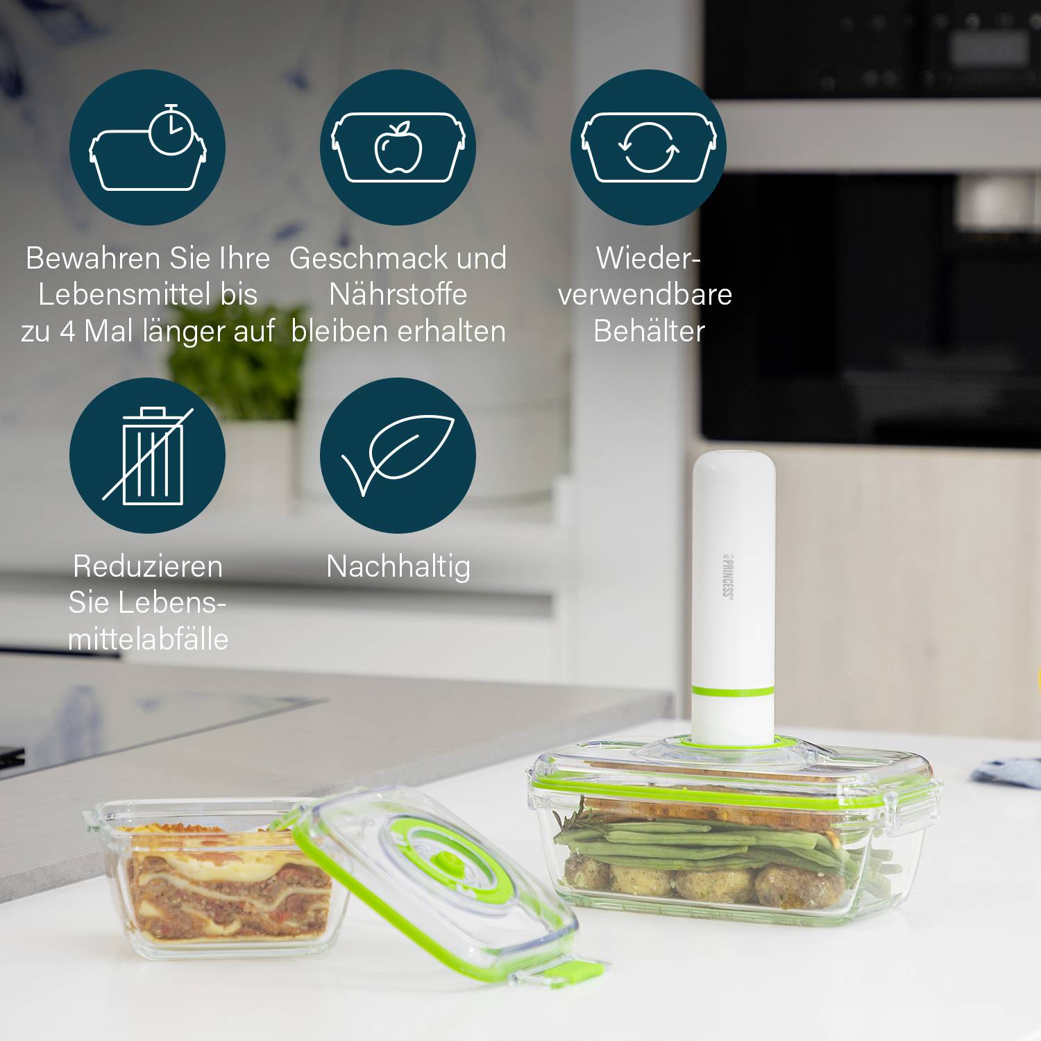 'Vacuum Preservation System' presents food in a vacuum-sealed glass container. Advantages such as sustainability are highlighted.