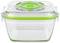Clear plastic food storage container with a green lid rim and vacuum seal on the lid, suitable for keeping food fresh.