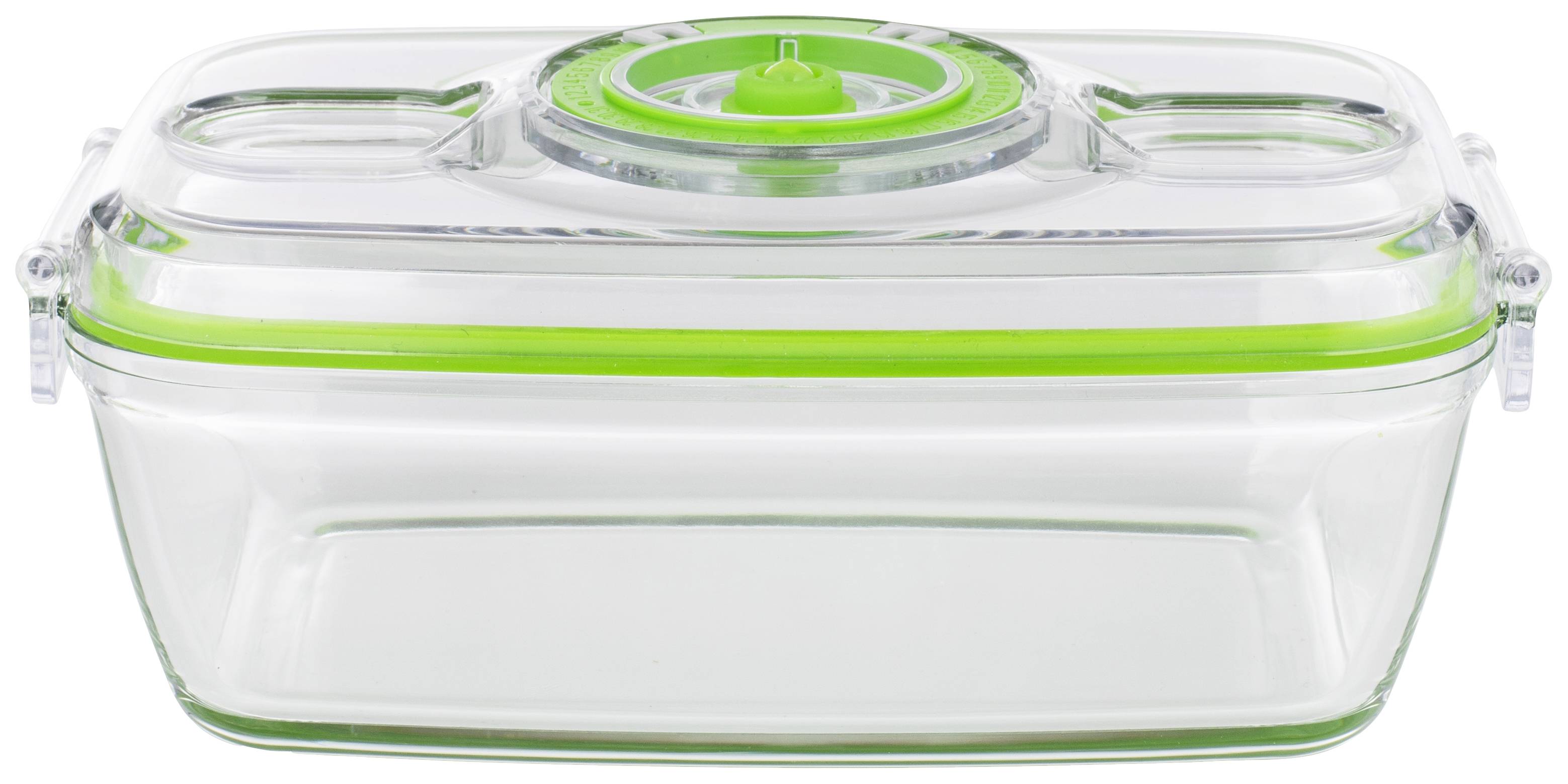 Transparent rectangular plastic container with a green sealing ring and two closures on the lid, for storing food.