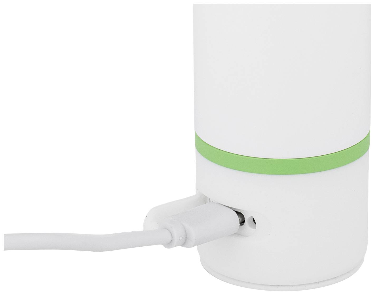 A white device with a green ring is being charged via a cable.