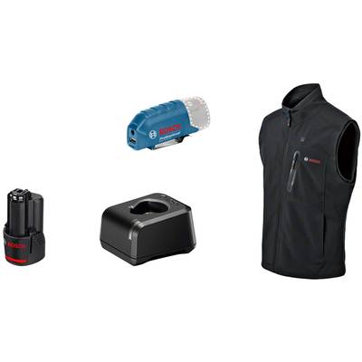 'Battery Pack, Charger, Heated Jacket Bosch' – Image shows three Bosch products: a battery pack, a charger, and a black heated jacket.