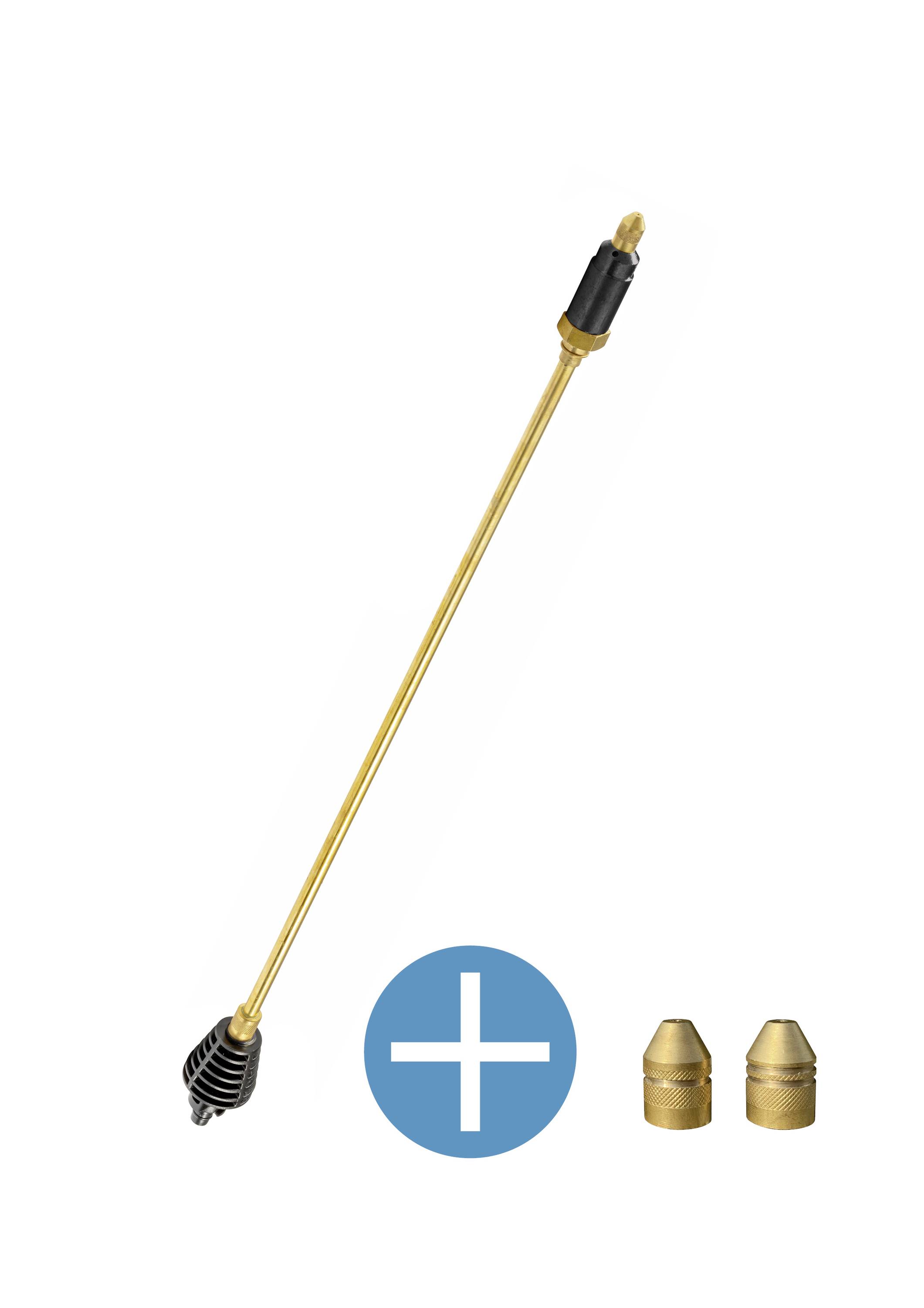 Brass spray nozzle with a blue plus symbol next to it, showing additional brass attachments for cleaning purposes.
