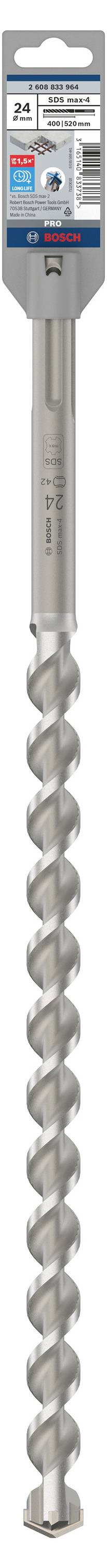 'SDS max-8X drill bit by Bosch, suitable for concrete and reinforced concrete. 20 mm diameter, four cutting edges, head made of solid tungsten carbide.'