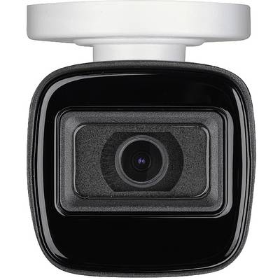 Black surveillance camera with white casing, showing a rectangular lens in the centre; suitable for security systems.