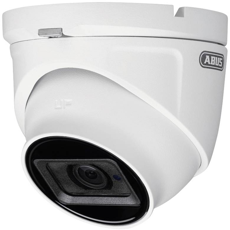 A white surveillance camera by Abus, mounted on a ceiling, pointing downwards to monitor an area.