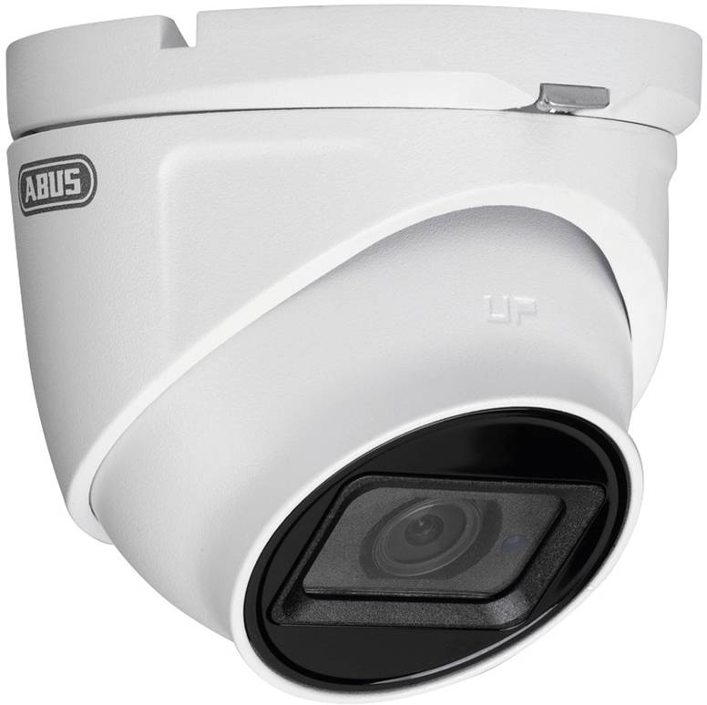 Security camera with white casing and black lens, mounted on the wall.