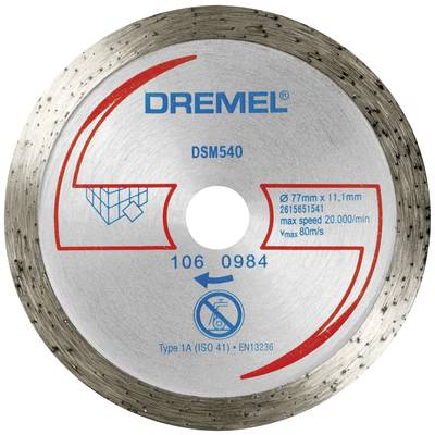 Metal cutting disc with 'Dremel DSM540' inscription, diameter 77mm, max. speed 20,000/min, image of a cube.