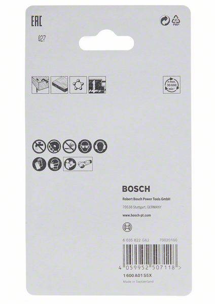 'Reverse side of a Bosch packaging with manufacturer information, a QR code, and symbols for safety and usage instructions.'