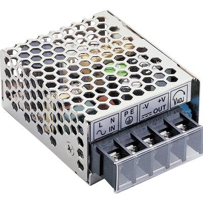 A power supply in a metal enclosure with a honeycomb structure. Visible are connections for L, N, PE, and output voltage (+V, -V).