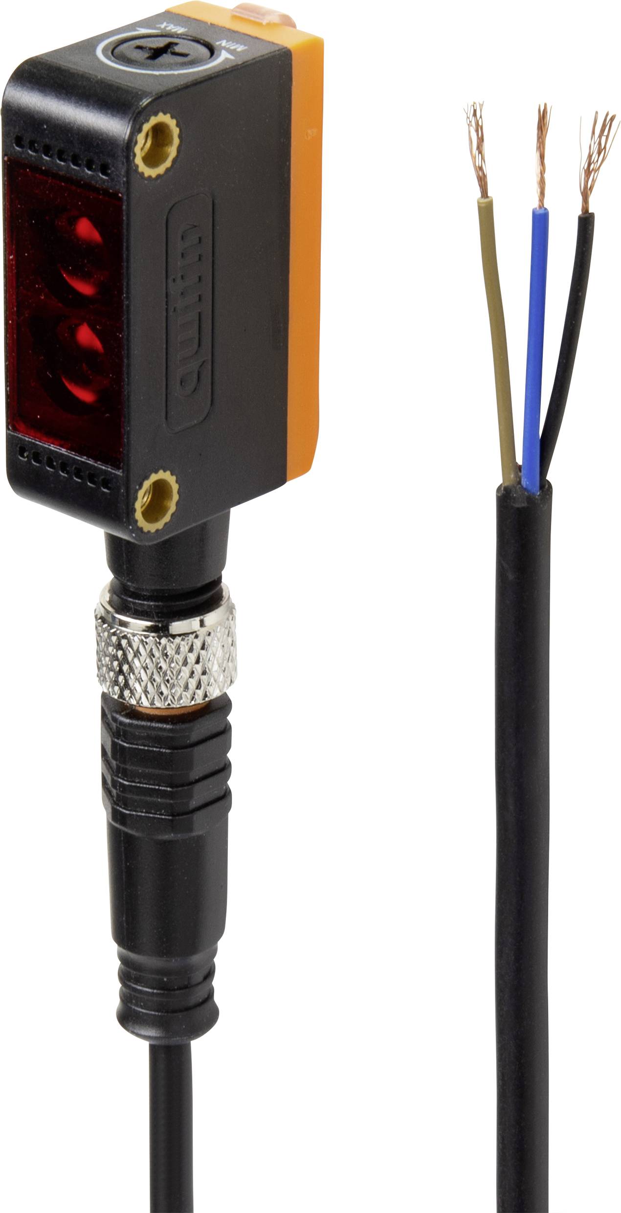 A rectangular optical sensor with cable connection and three stripped wires, suitable for industrial applications.