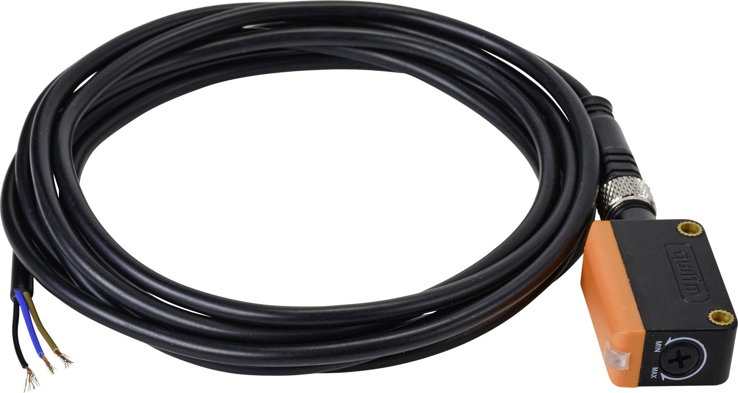Black sensor cable with a rectangular, orange sensor at one end. Suitable for industrial applications.